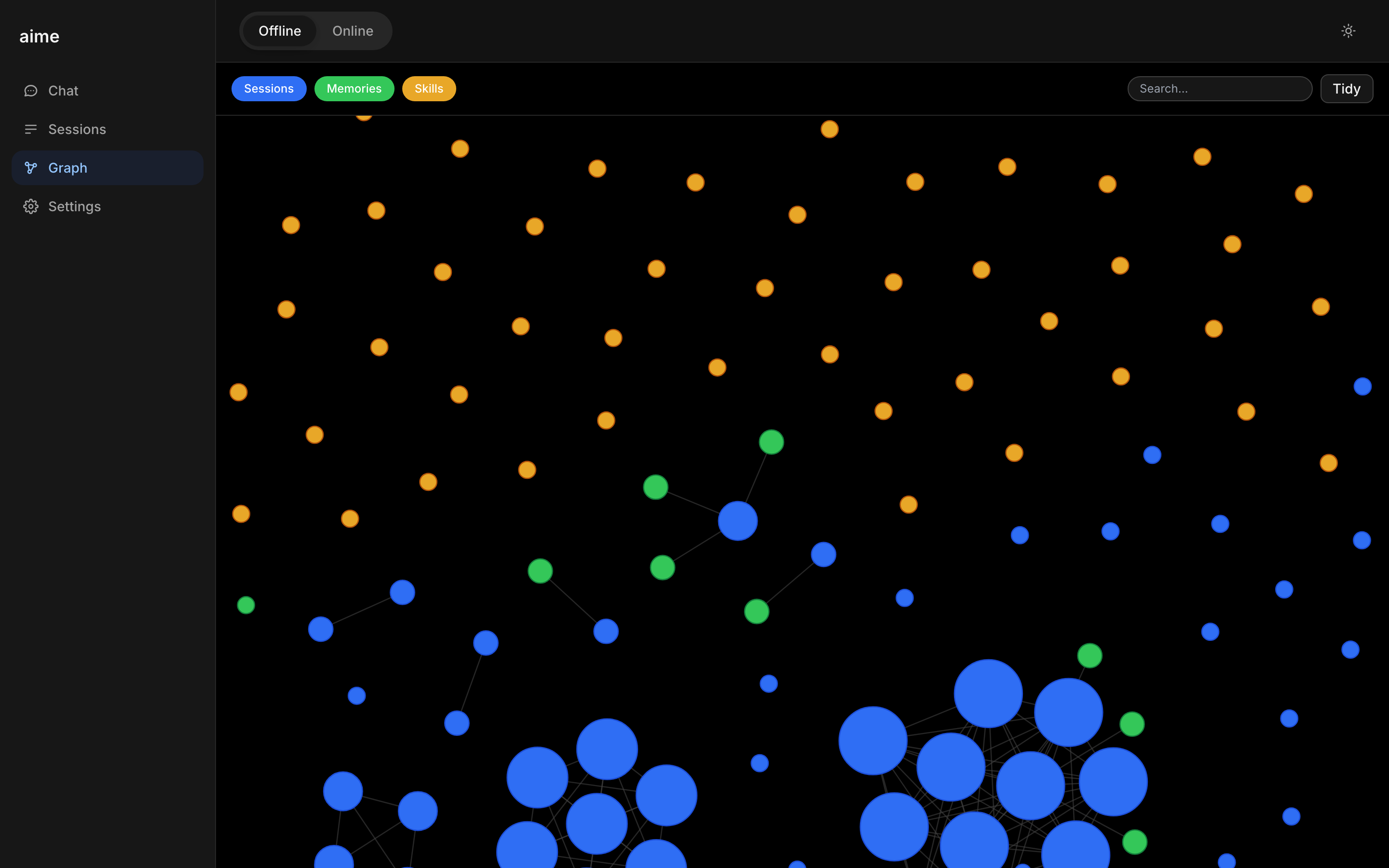 aime's memory graph, showing sessions, memories, and skills as connected colored nodes