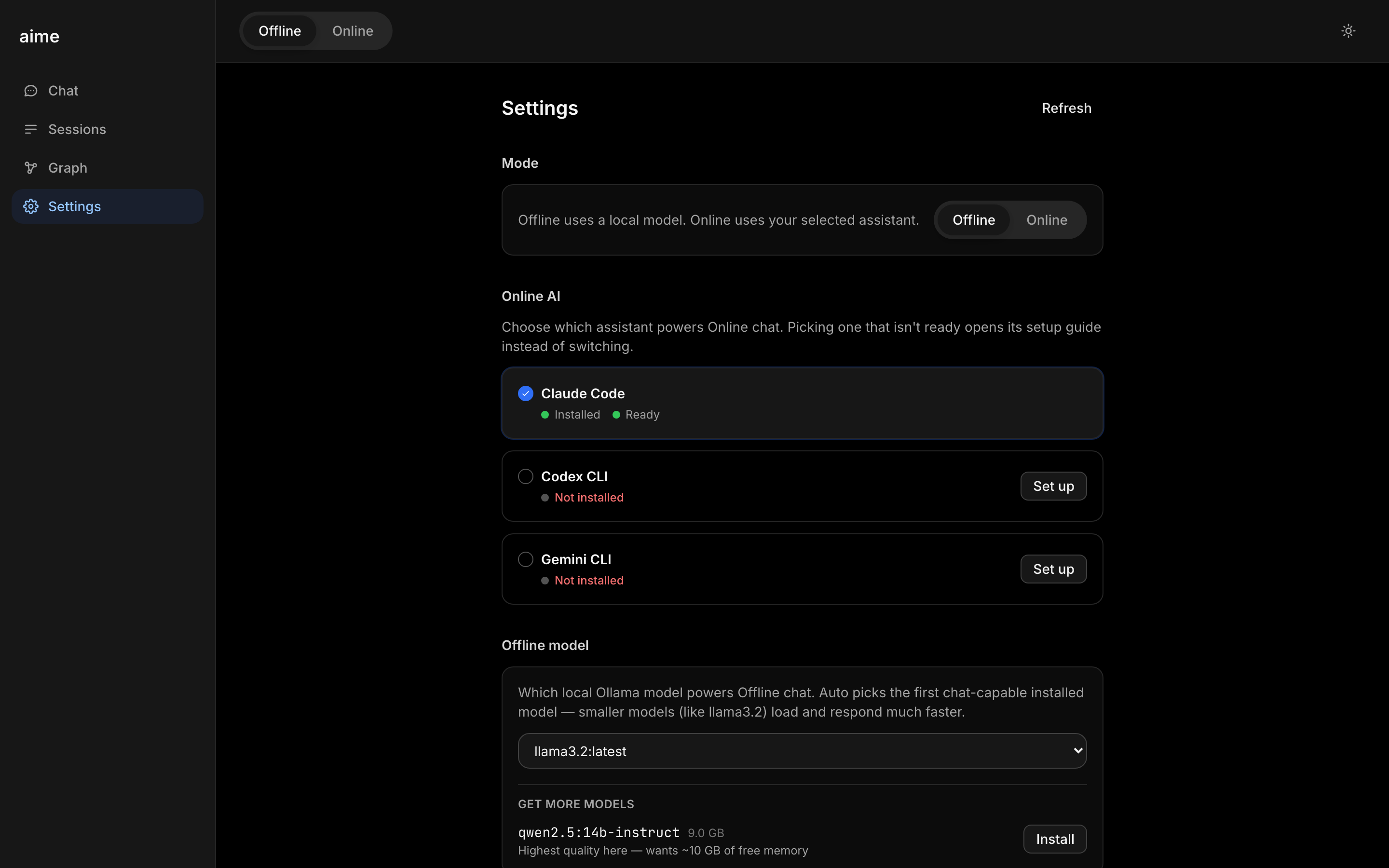 aime settings screen showing the in-app model installer